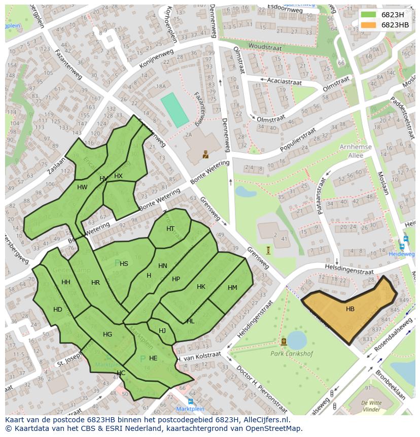 Afbeelding van het postcodegebied 6823 HB op de kaart.