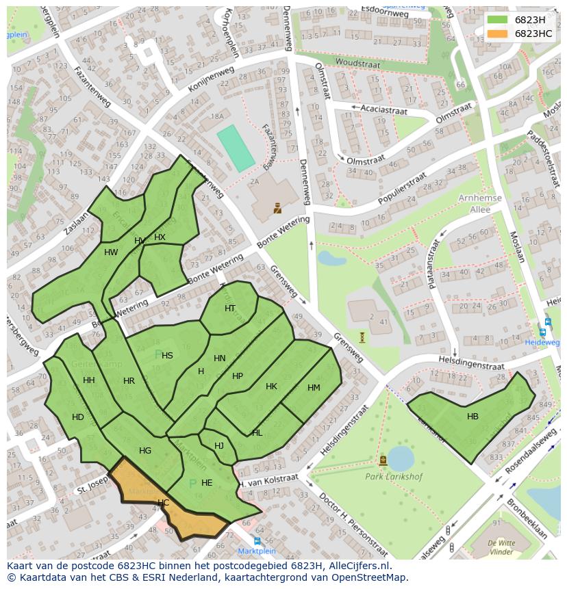 Afbeelding van het postcodegebied 6823 HC op de kaart.