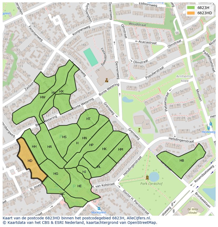 Afbeelding van het postcodegebied 6823 HD op de kaart.