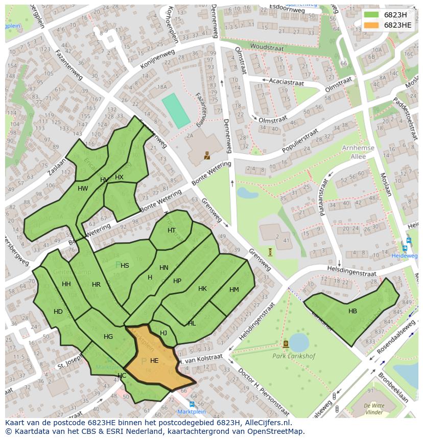 Afbeelding van het postcodegebied 6823 HE op de kaart.