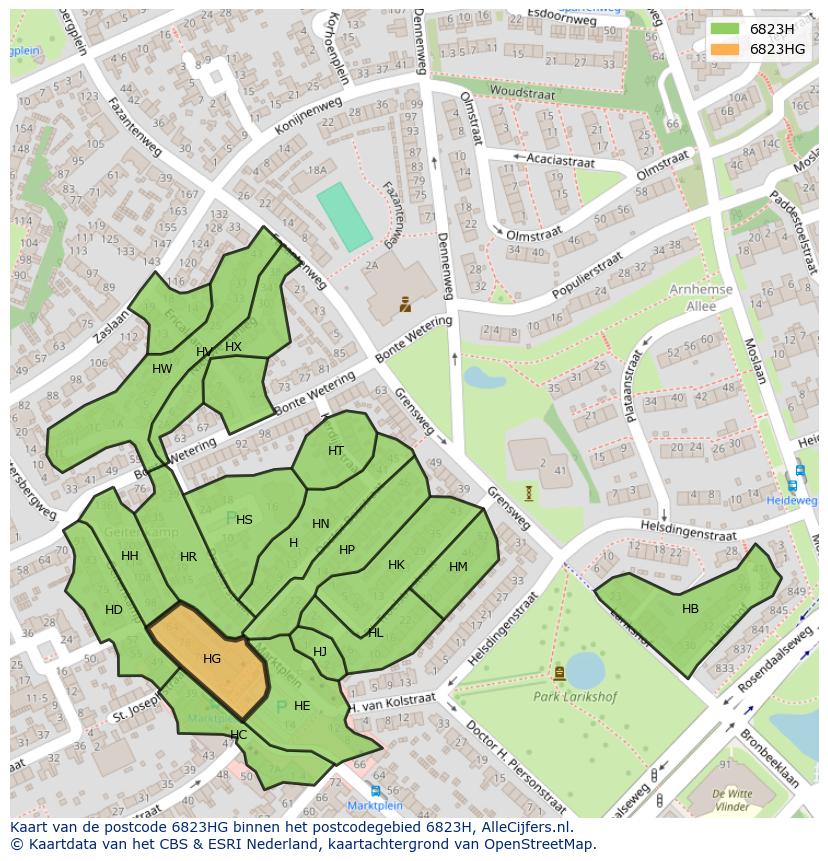 Afbeelding van het postcodegebied 6823 HG op de kaart.