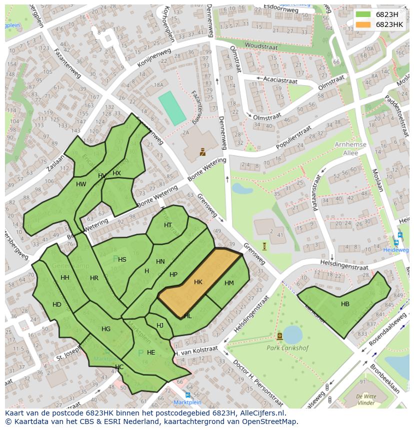Afbeelding van het postcodegebied 6823 HK op de kaart.