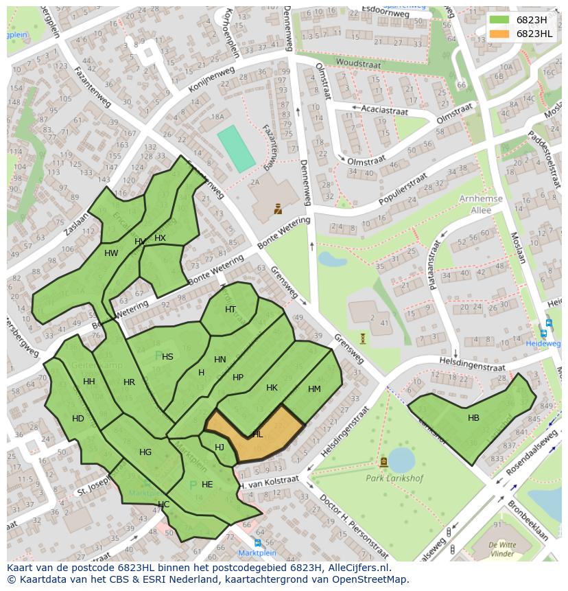Afbeelding van het postcodegebied 6823 HL op de kaart.