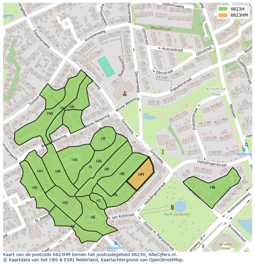 Afbeelding van het postcodegebied 6823 HM op de kaart.