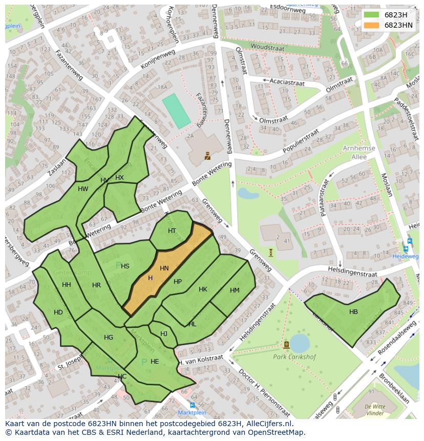 Afbeelding van het postcodegebied 6823 HN op de kaart.