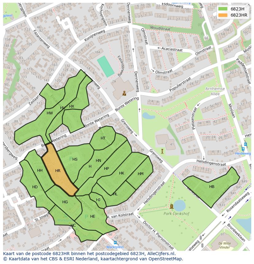 Afbeelding van het postcodegebied 6823 HR op de kaart.
