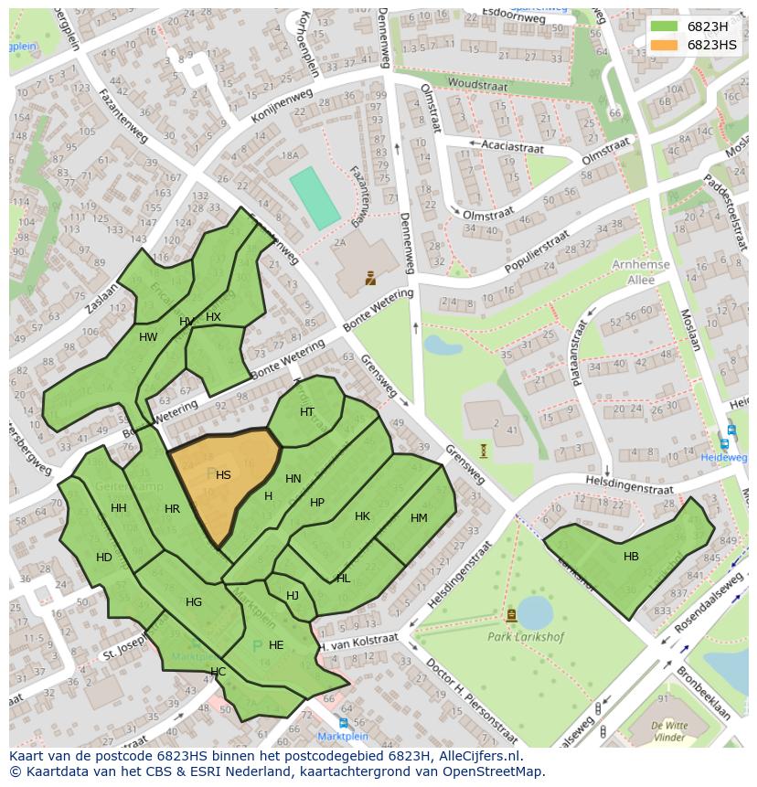 Afbeelding van het postcodegebied 6823 HS op de kaart.