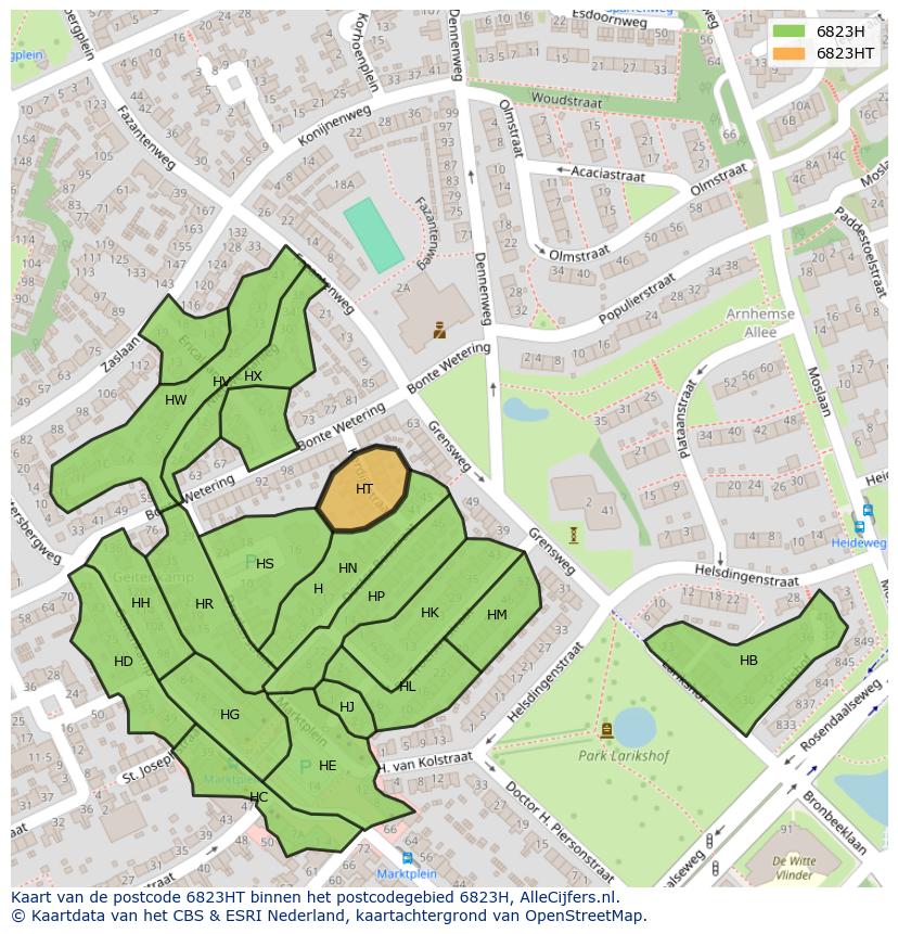 Afbeelding van het postcodegebied 6823 HT op de kaart.