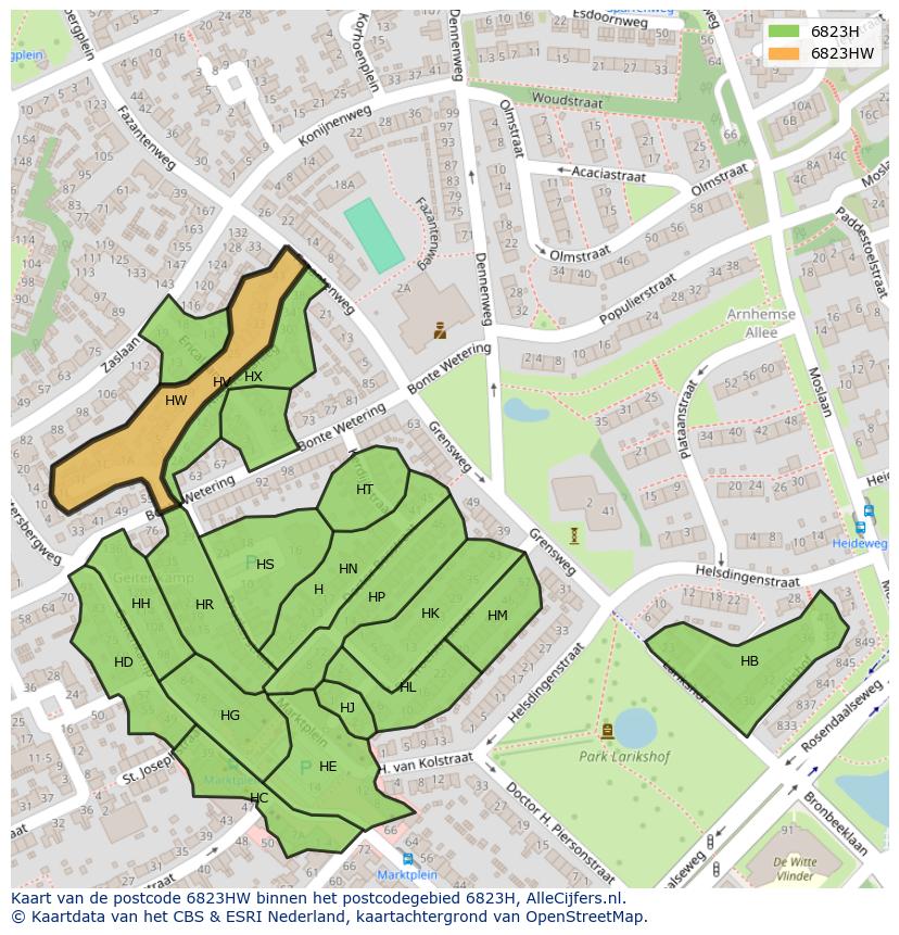 Afbeelding van het postcodegebied 6823 HW op de kaart.