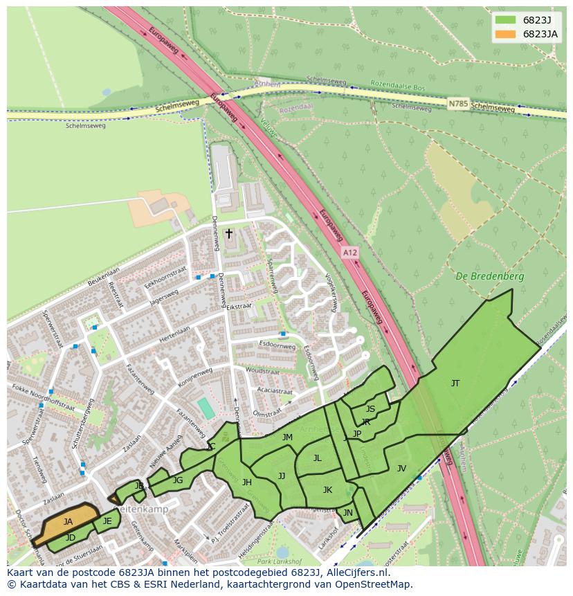 Afbeelding van het postcodegebied 6823 JA op de kaart.