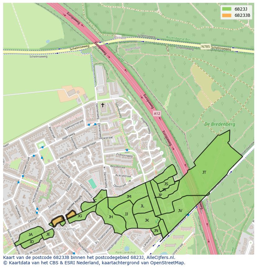 Afbeelding van het postcodegebied 6823 JB op de kaart.
