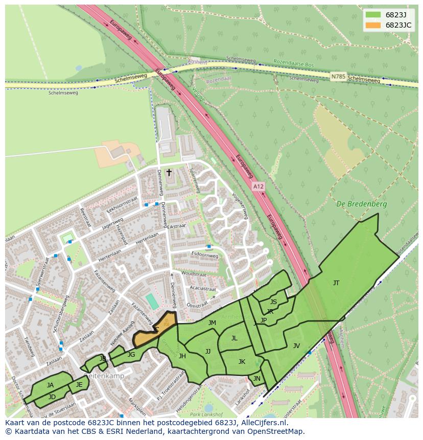 Afbeelding van het postcodegebied 6823 JC op de kaart.