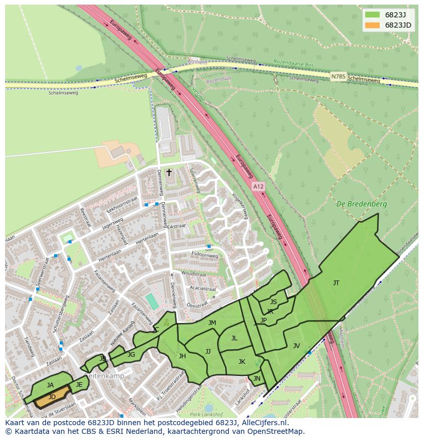Afbeelding van het postcodegebied 6823 JD op de kaart.