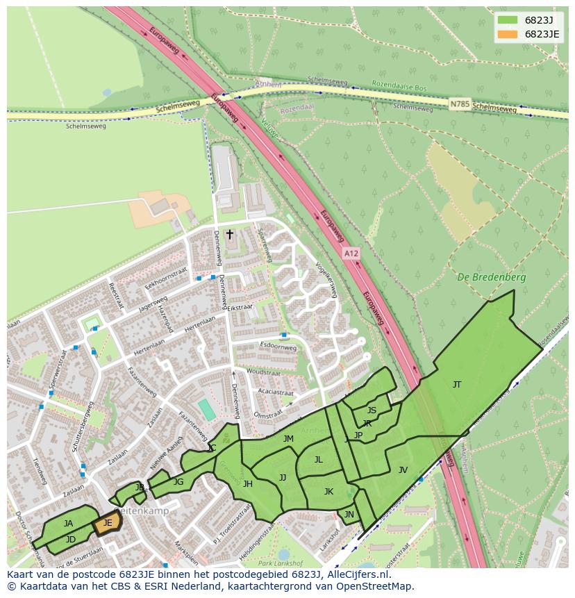 Afbeelding van het postcodegebied 6823 JE op de kaart.