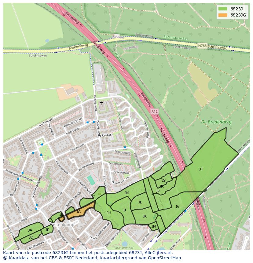 Afbeelding van het postcodegebied 6823 JG op de kaart.