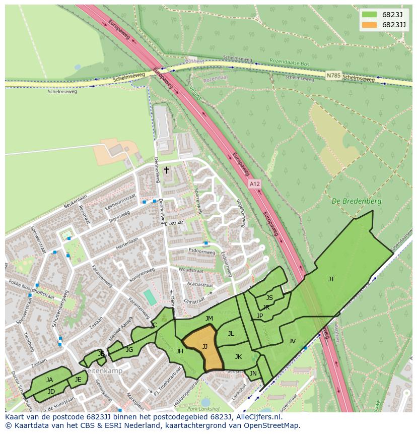 Afbeelding van het postcodegebied 6823 JJ op de kaart.