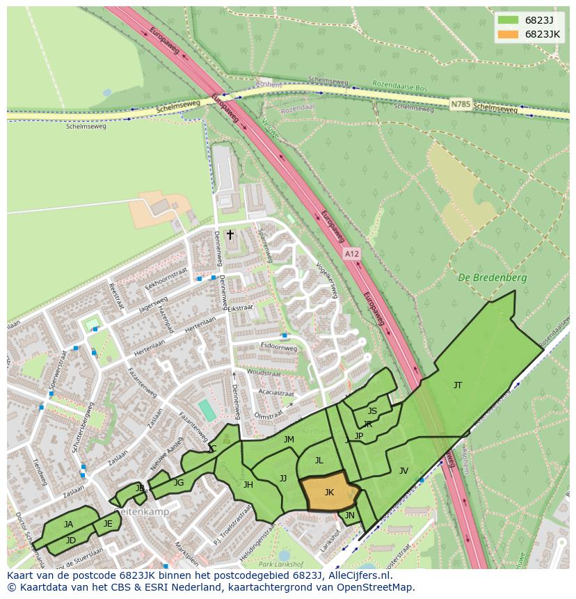 Afbeelding van het postcodegebied 6823 JK op de kaart.