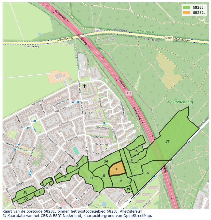 Afbeelding van het postcodegebied 6823 JL op de kaart.