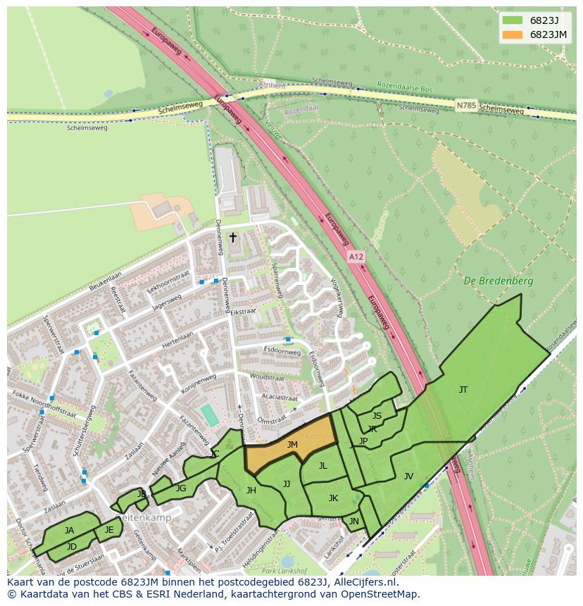 Afbeelding van het postcodegebied 6823 JM op de kaart.