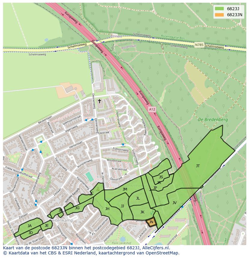 Afbeelding van het postcodegebied 6823 JN op de kaart.