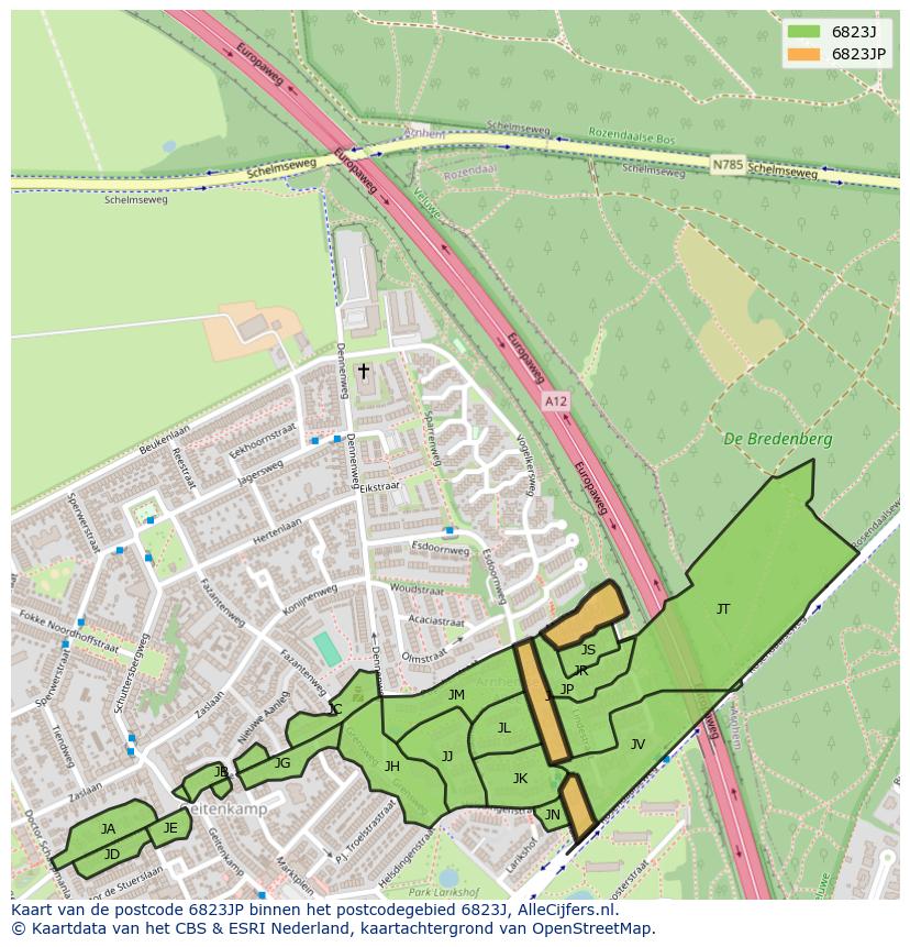 Afbeelding van het postcodegebied 6823 JP op de kaart.