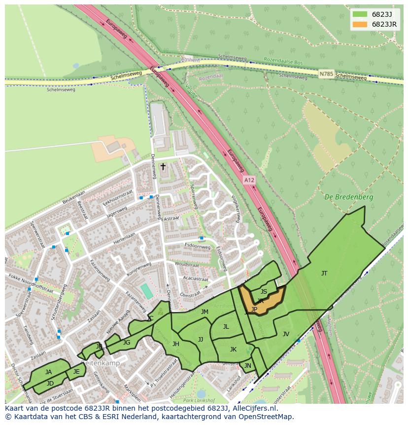 Afbeelding van het postcodegebied 6823 JR op de kaart.