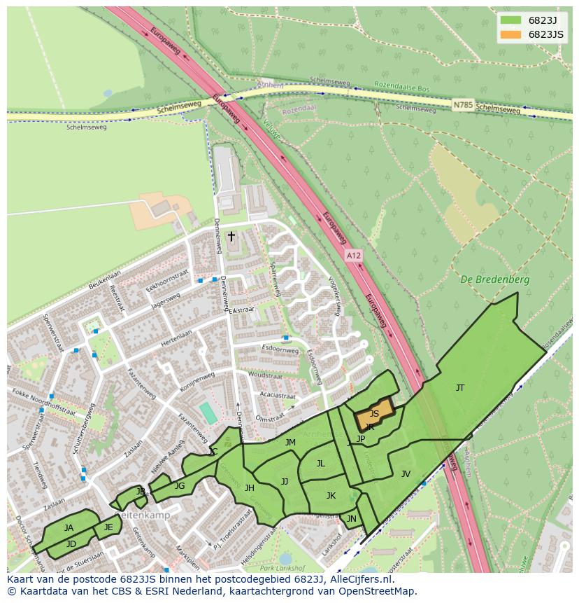 Afbeelding van het postcodegebied 6823 JS op de kaart.