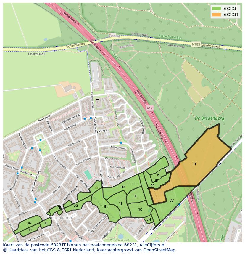 Afbeelding van het postcodegebied 6823 JT op de kaart.