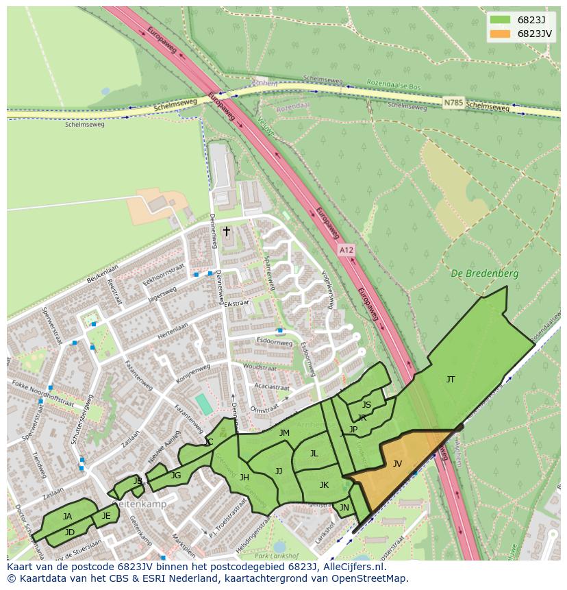 Afbeelding van het postcodegebied 6823 JV op de kaart.