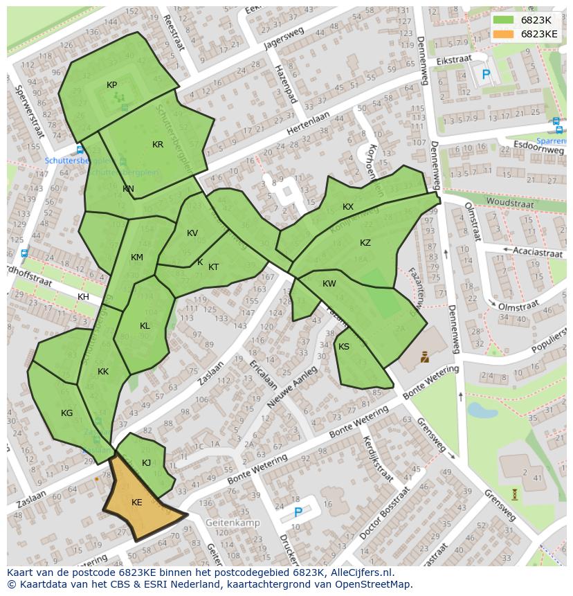 Afbeelding van het postcodegebied 6823 KE op de kaart.