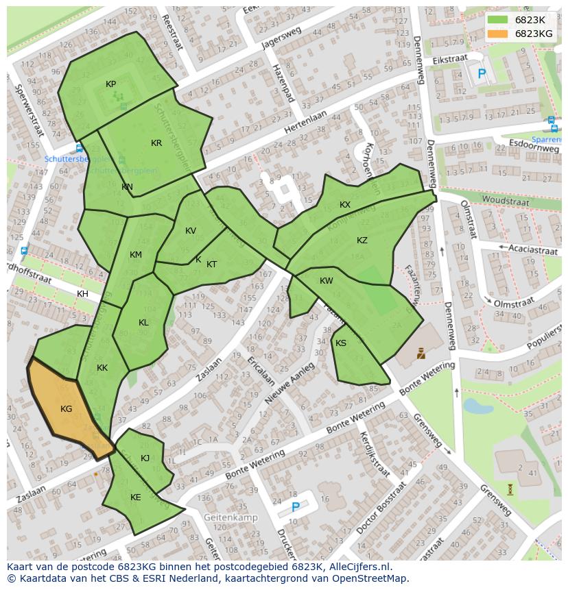 Afbeelding van het postcodegebied 6823 KG op de kaart.