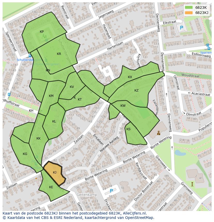 Afbeelding van het postcodegebied 6823 KJ op de kaart.