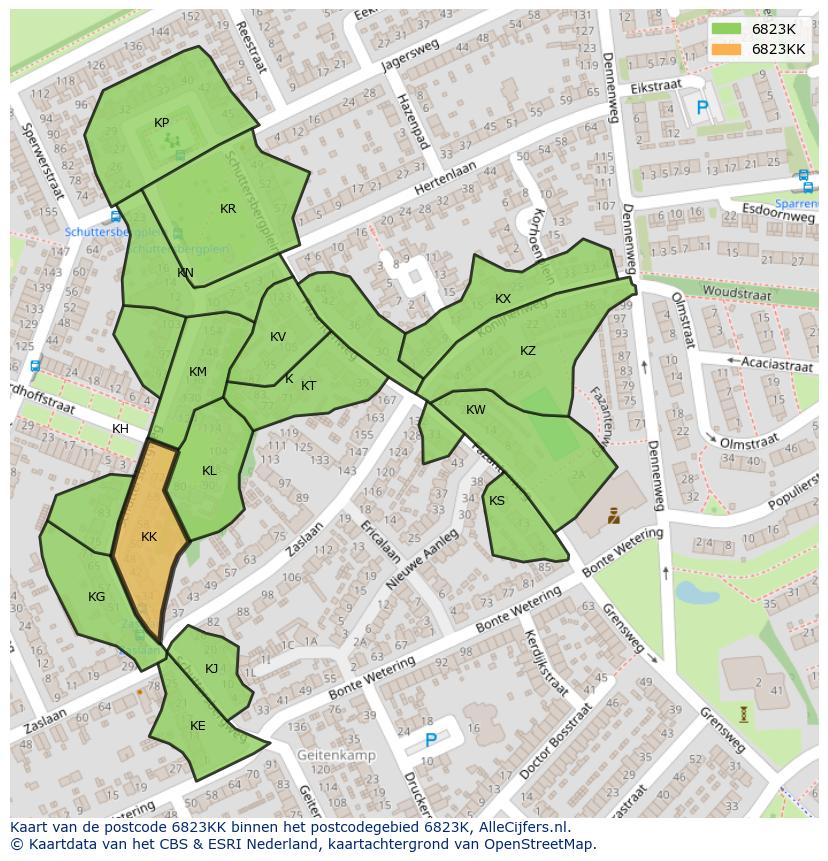 Afbeelding van het postcodegebied 6823 KK op de kaart.