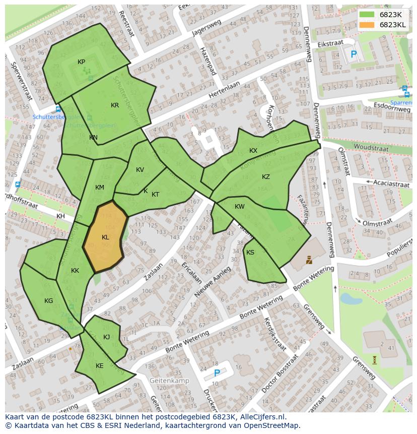 Afbeelding van het postcodegebied 6823 KL op de kaart.