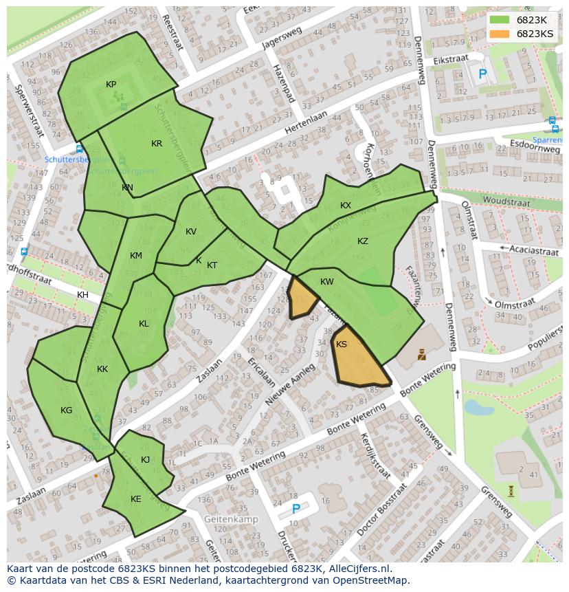 Afbeelding van het postcodegebied 6823 KS op de kaart.