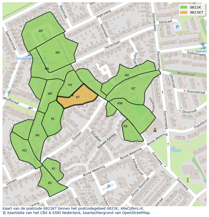Afbeelding van het postcodegebied 6823 KT op de kaart.