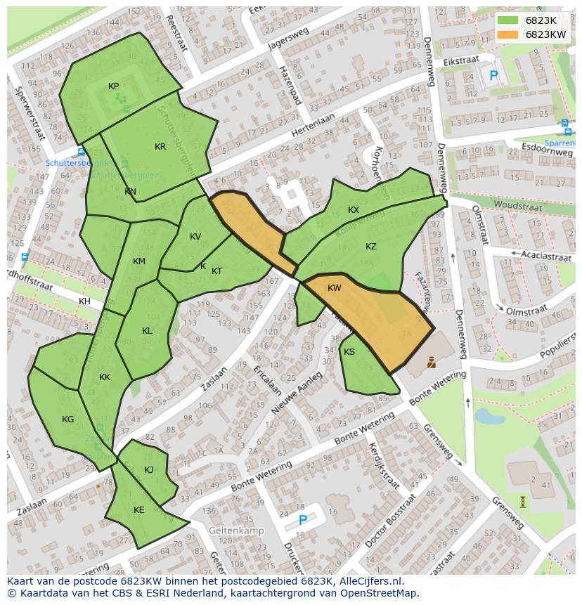 Afbeelding van het postcodegebied 6823 KW op de kaart.
