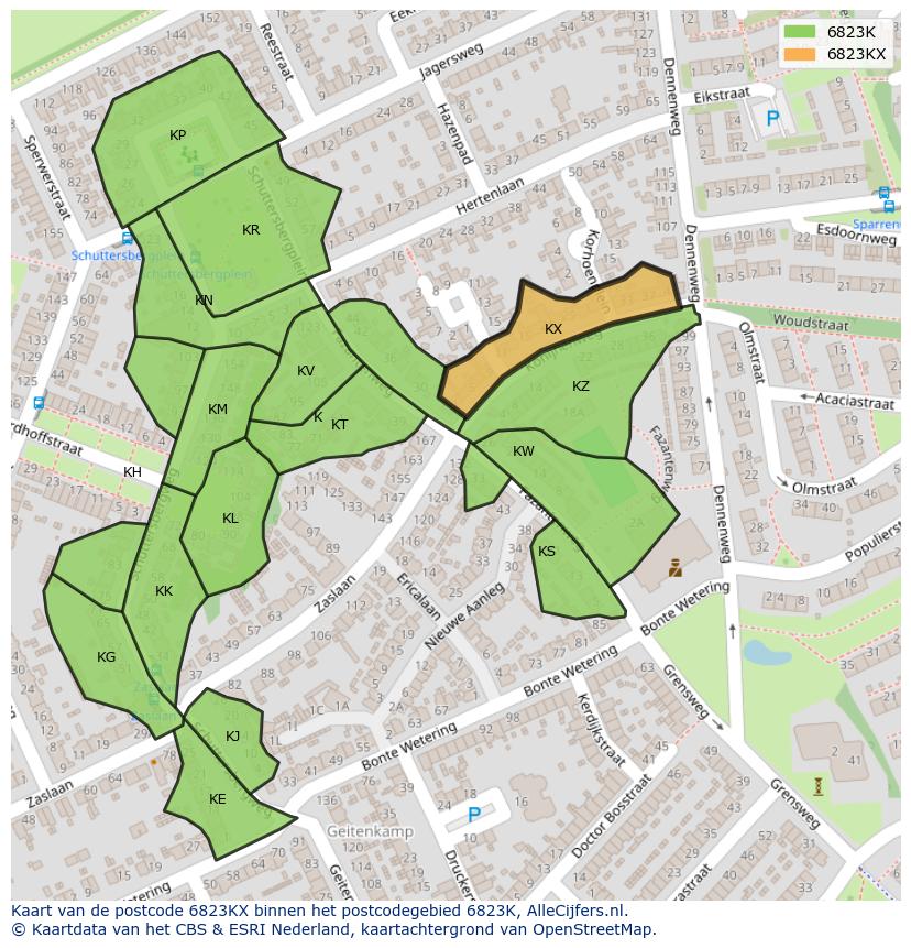 Afbeelding van het postcodegebied 6823 KX op de kaart.