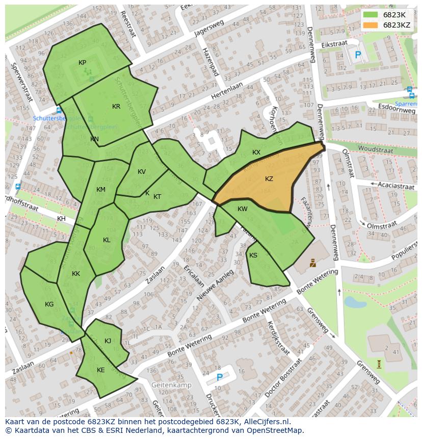 Afbeelding van het postcodegebied 6823 KZ op de kaart.
