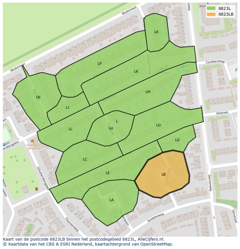Afbeelding van het postcodegebied 6823 LB op de kaart.