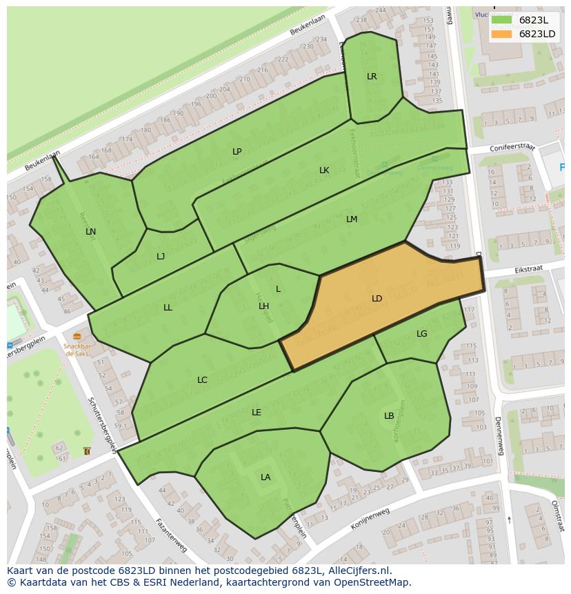 Afbeelding van het postcodegebied 6823 LD op de kaart.