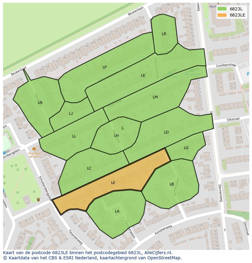 Afbeelding van het postcodegebied 6823 LE op de kaart.