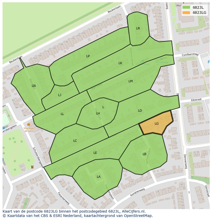 Afbeelding van het postcodegebied 6823 LG op de kaart.