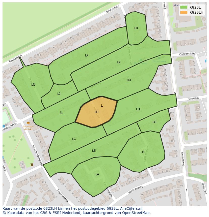 Afbeelding van het postcodegebied 6823 LH op de kaart.