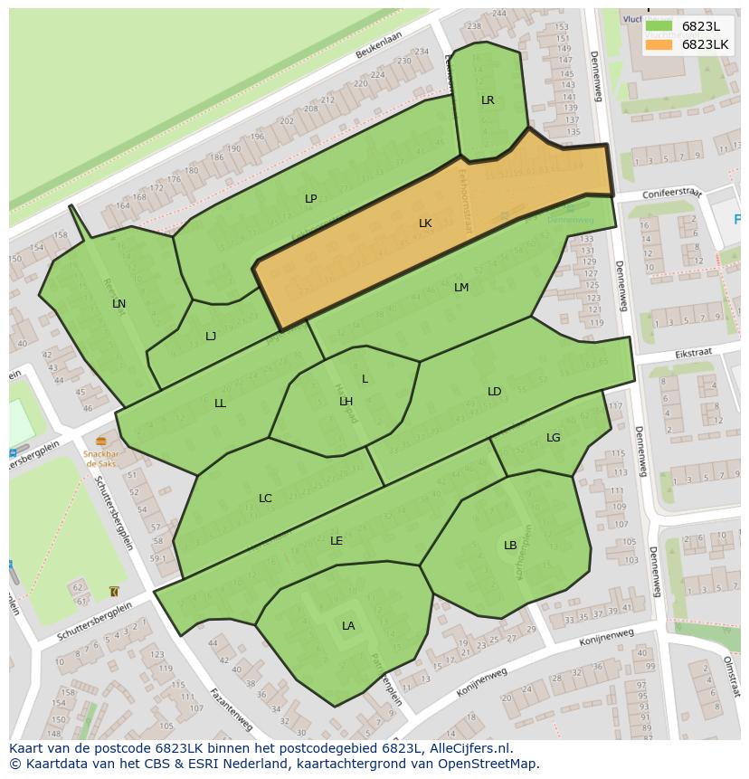 Afbeelding van het postcodegebied 6823 LK op de kaart.