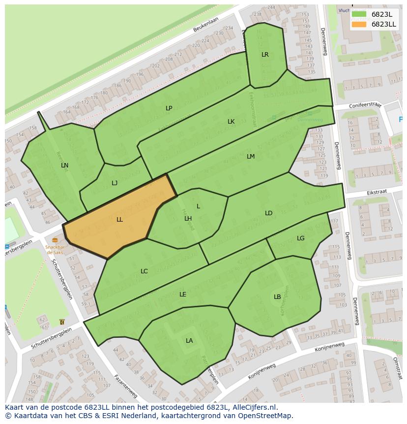 Afbeelding van het postcodegebied 6823 LL op de kaart.