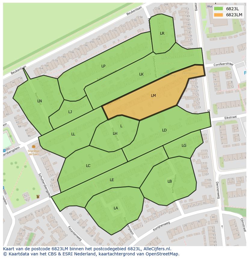 Afbeelding van het postcodegebied 6823 LM op de kaart.