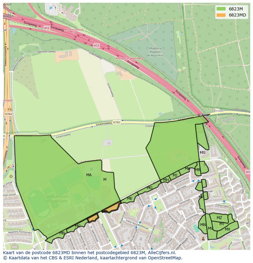 Afbeelding van het postcodegebied 6823 MD op de kaart.