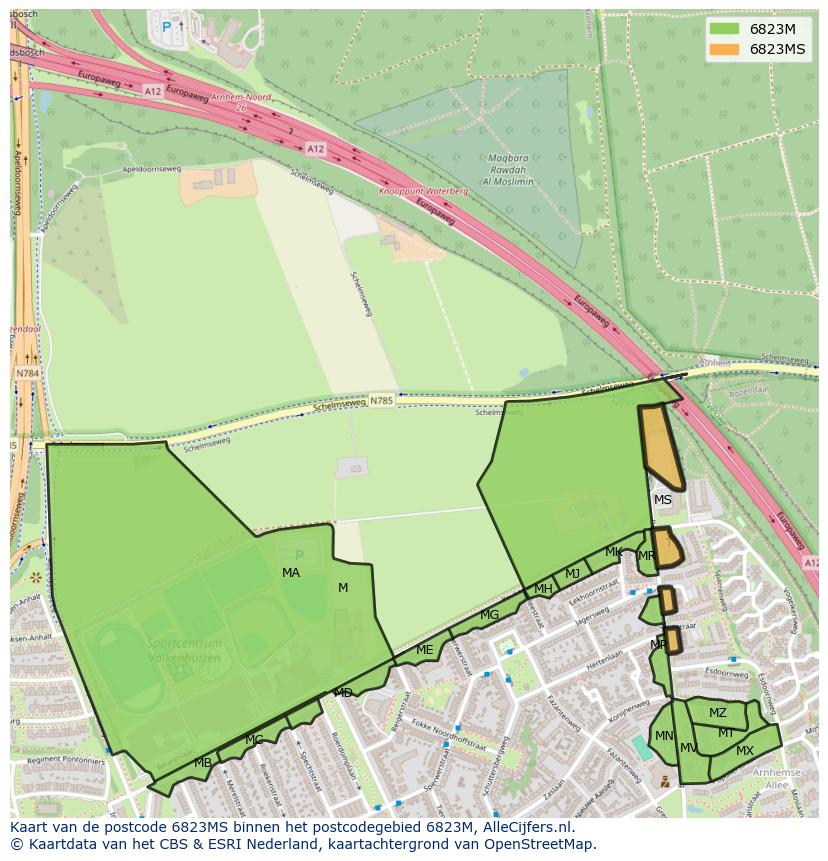 Afbeelding van het postcodegebied 6823 MS op de kaart.