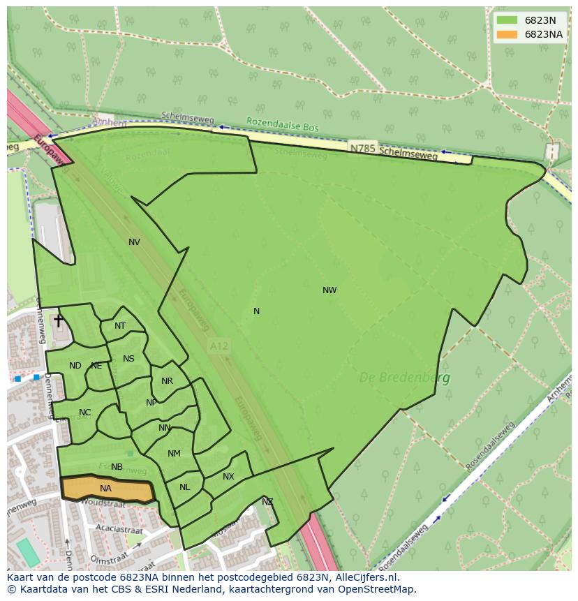 Afbeelding van het postcodegebied 6823 NA op de kaart.
